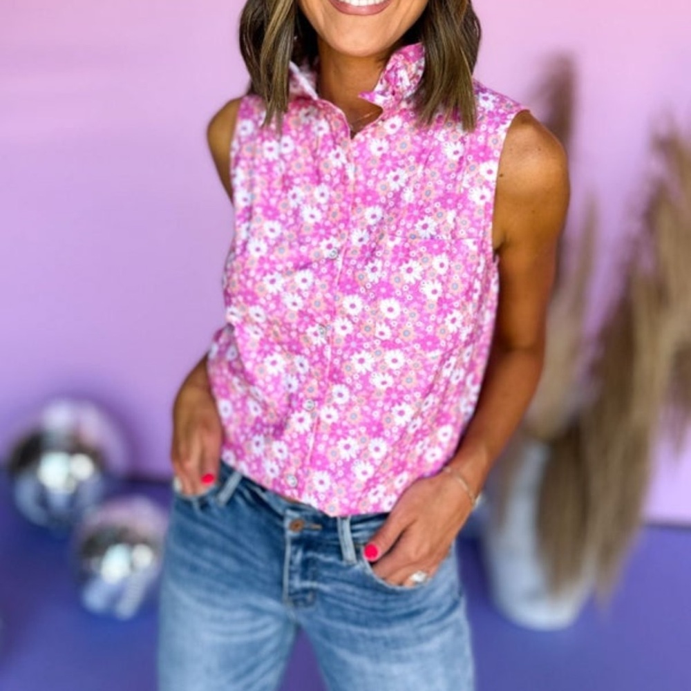 SSYS Neon Floral Sleeveless Ruffle Collar Poplin Top - Picture 1 of 5